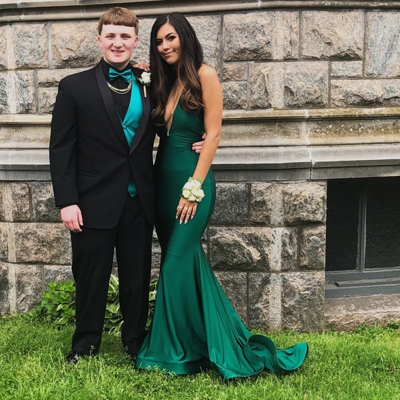 green emerald velvet dress Slinky Long V-Neck Prom Dress with Shoulder Bow Royal / XLarge